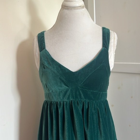 Lands' End Canvas Bohemian Green Velvet Ruched Sweetheart Mini Dress US Size 10 - Picture 2 of 10